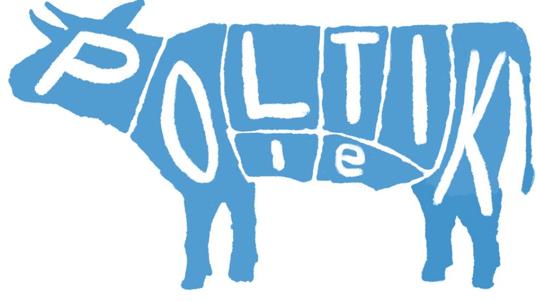 Illustratie van een koe met daarin het woord politiek.