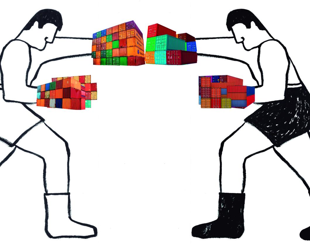 Illustratie van twee boksers met boekshandschoenen gemaakt van scheepsvaartcontainers