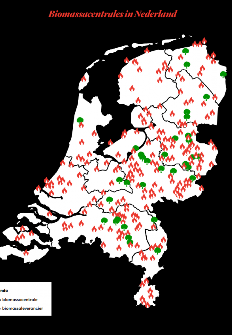 Landkaart met de biomassacentrales in Nederland