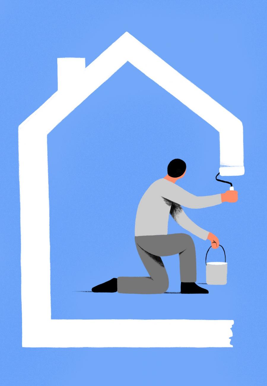 Illustratie van een man die een huis schildert 
