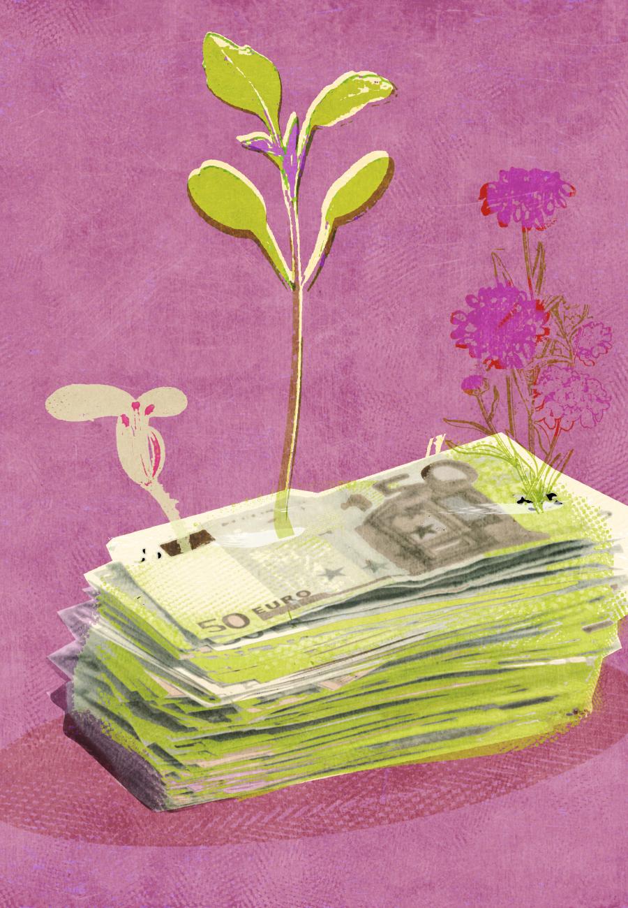 Illustratie van een stapel geld waar planten uit groeien