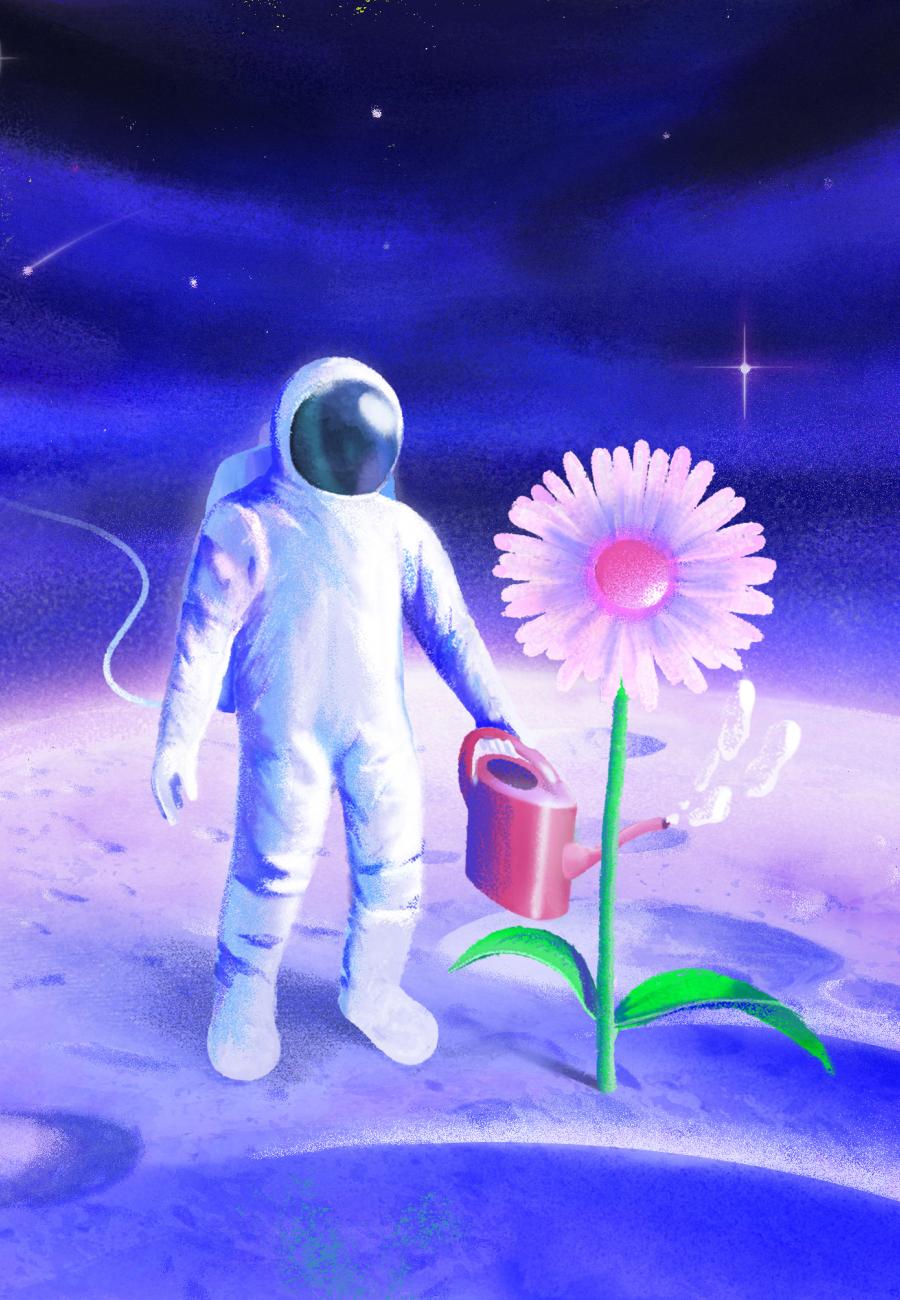 Dromerige illustratie van een astronaut die een bloem op de maan water geeft. 